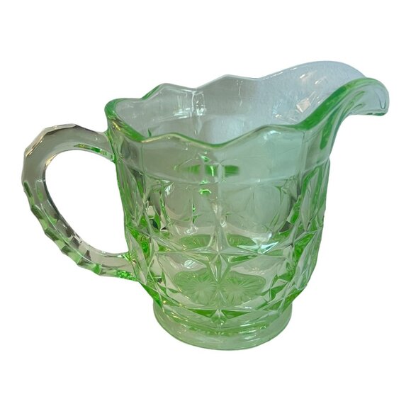 Uranium Green Vaseline Glass Pitcher Jug 5.5" Tall Blocked Pattern - Picture 4 of 8